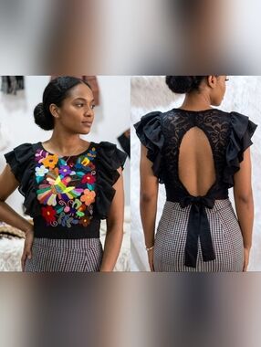 MEXICANA Black Blouse with Multicolor Floral Delicate Hand  Embroidery
